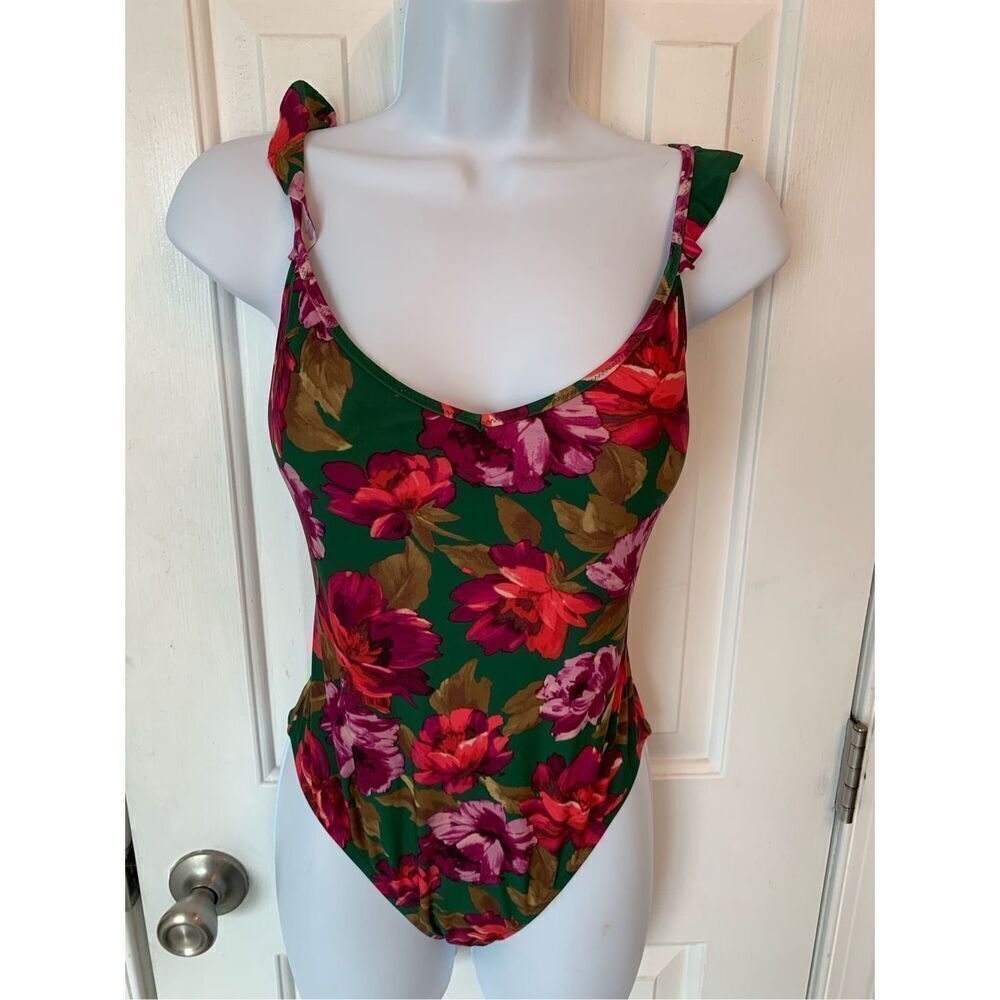 J Crew Emerald Green Bold Floral Ruffled Shoulder Swimsuit Size S